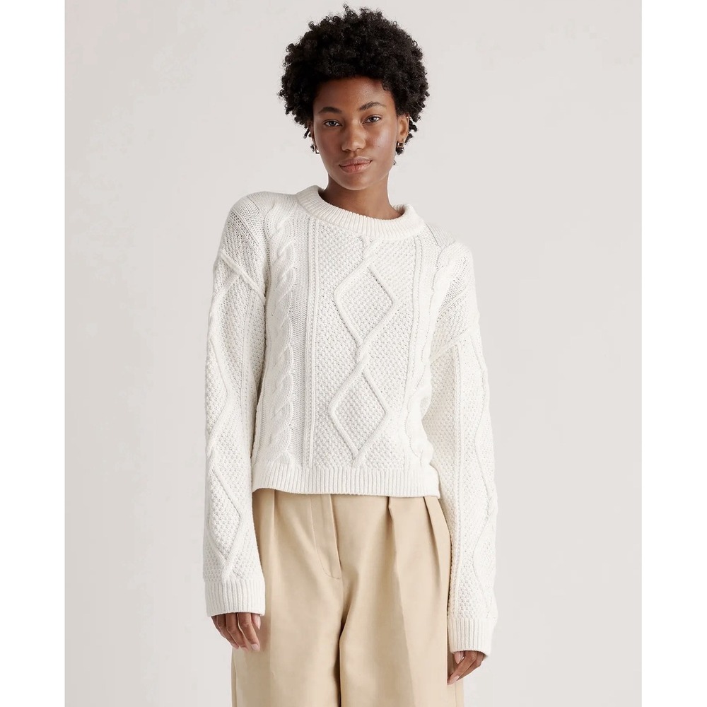 Quince Cable Knit Sweater Womens M Cream Cropped Chunky Cozy Minimalist Classic